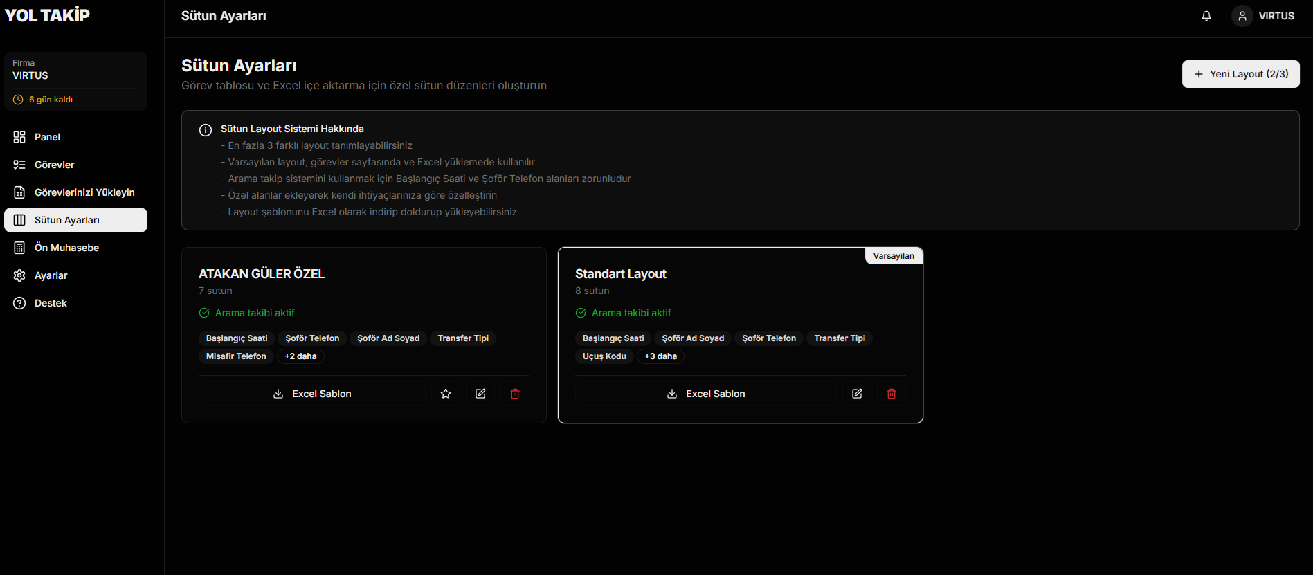 Sütun yönetimi ekran görüntüsü