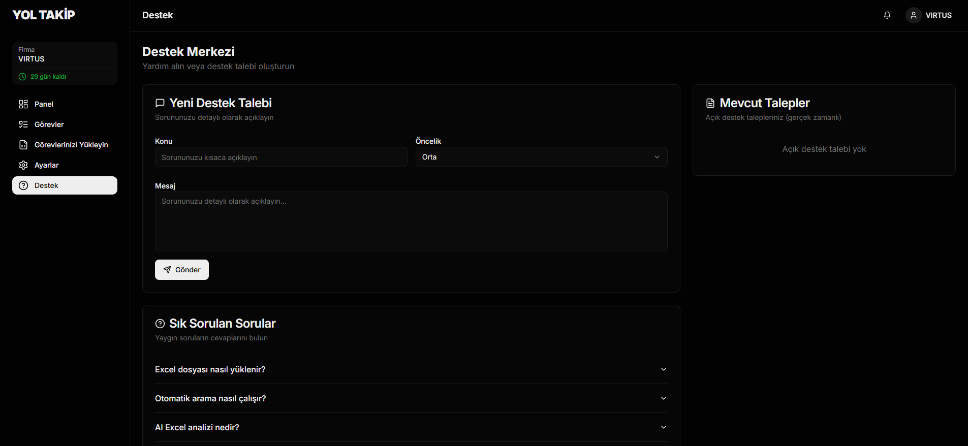 Destek ekran görüntüsü