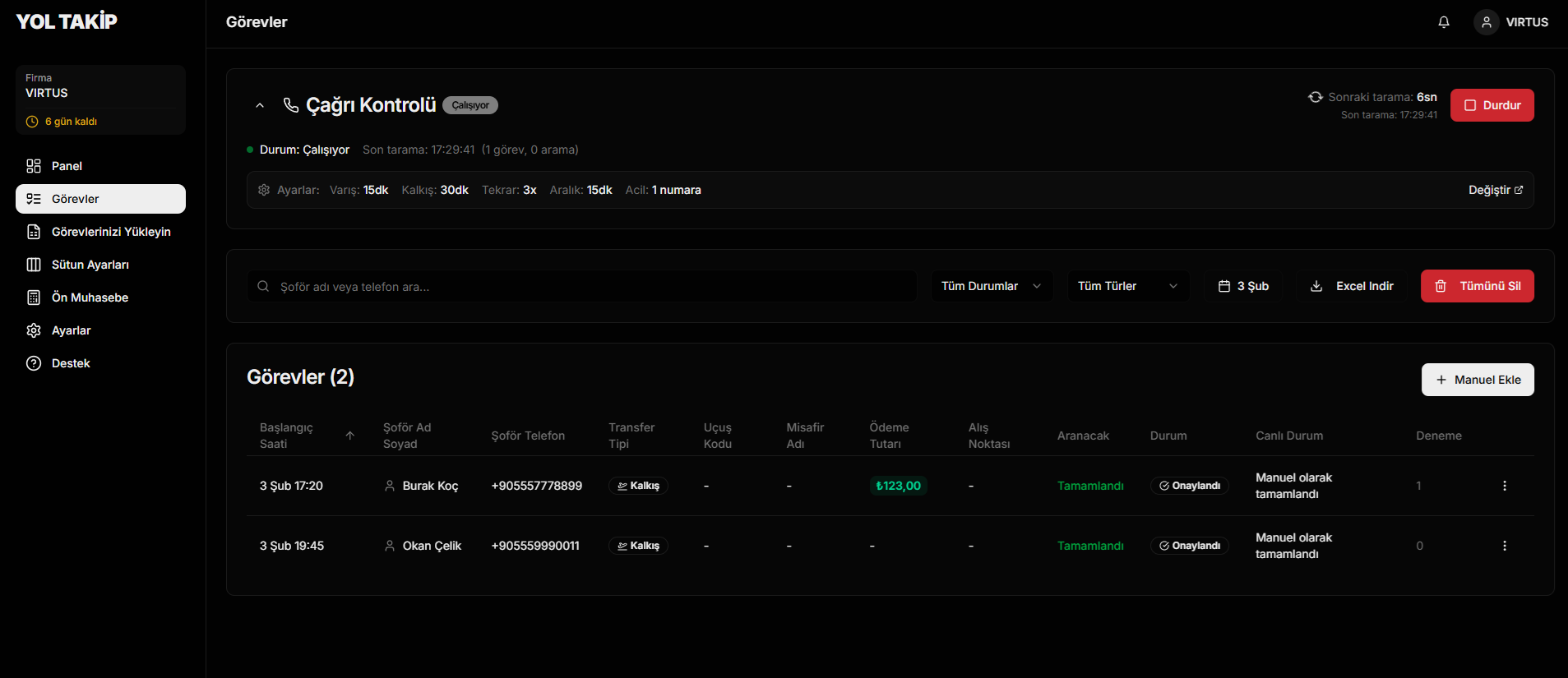Canlı görev takip ekran görüntüsü