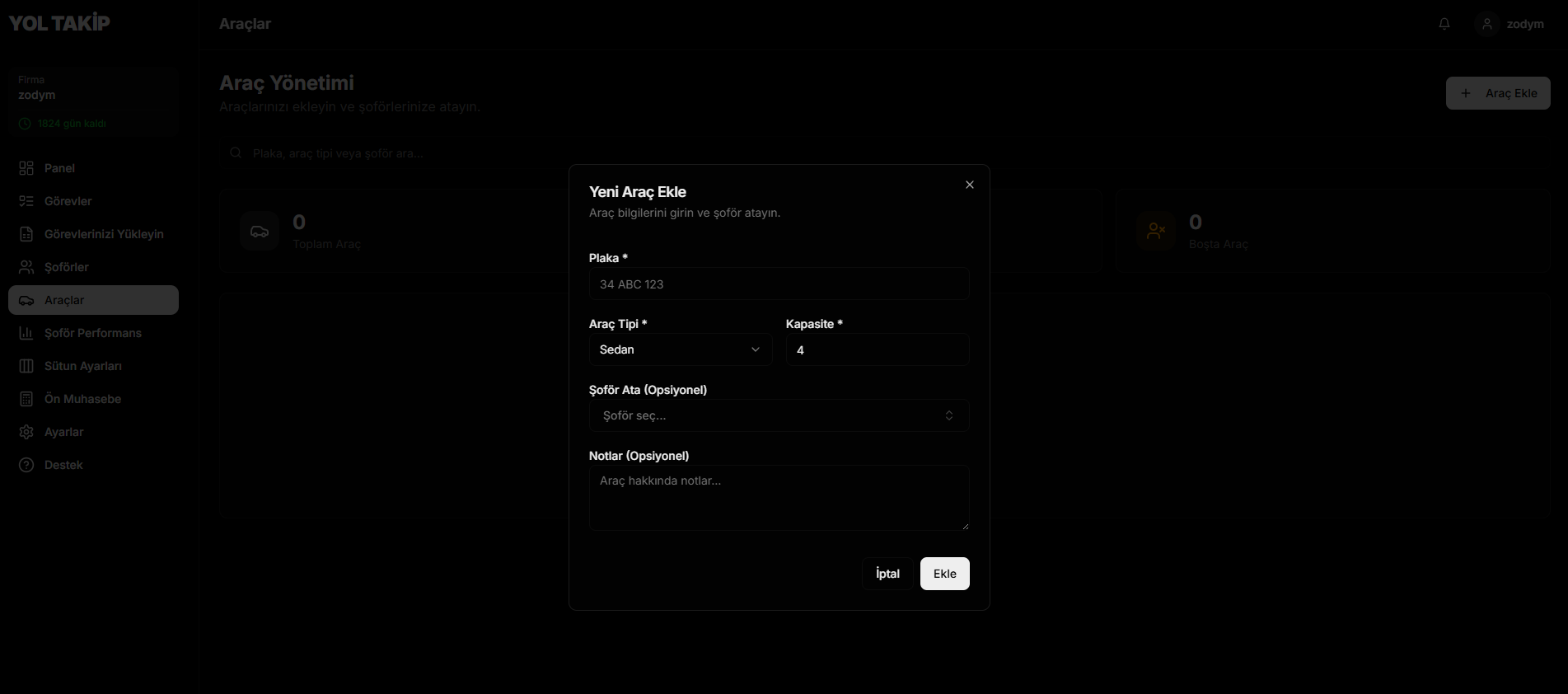 Araç yönetimi ekran görüntüsü
